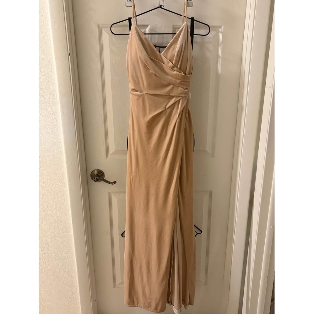 Bari Jay Champagne Velvet Maxi High‎ Slit Gown Spaghetti Strap Pleated Waist EUC